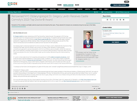 Screenshot of an article titled: Renowned NYC Otolaryngologist Dr. Gregory Levitin Receives Castle Connolly’s 2023 Top Doctor® Award